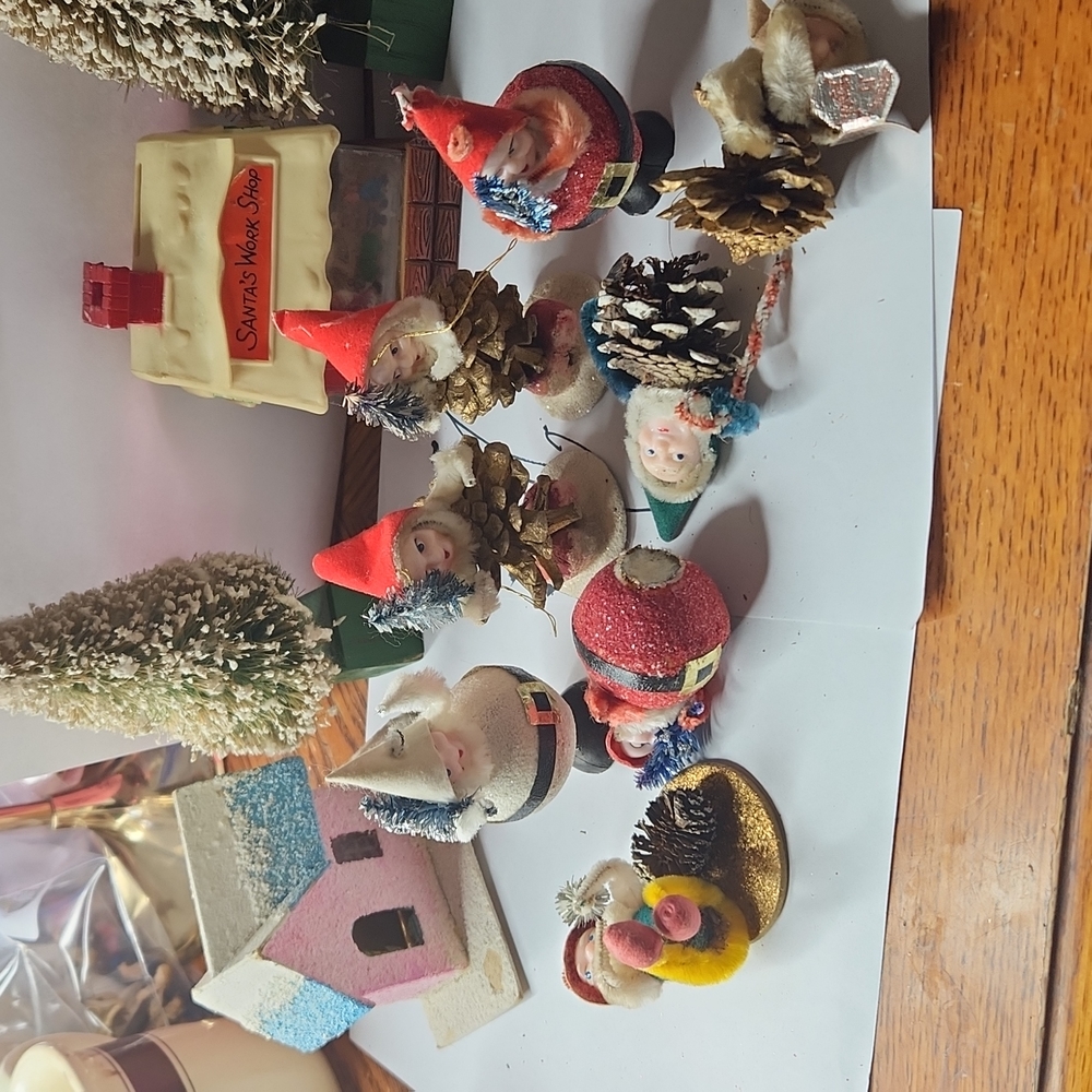 Vintage elfs and Santa plastic face putz Christmas ornaments.  Lot of 8.